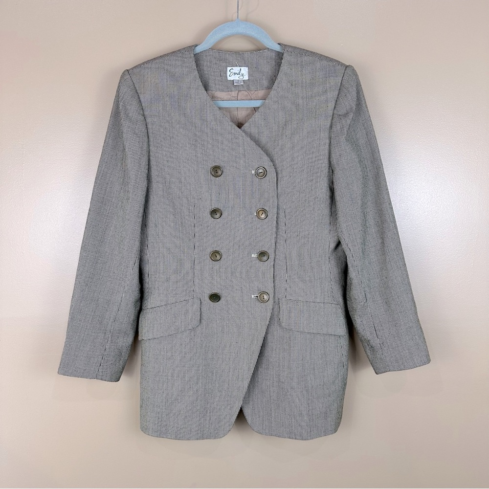 Vtg 80s Houndstooth Black & Cream Double Breasted Jacket Blazer 10 Whimsigoth